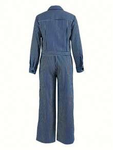 Women's Casual Striped 2 Pieces Set, Including Collared Long Sleeve Shirt And Pants