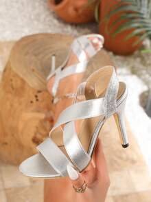 时尚圆头女士夏季优雅舞会派对交叉弹力带后跟绑带高跟凉鞋，细高跟 - 銀色 - 查看 4