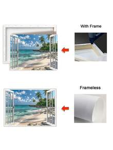 1 Pc Beach Wall Arts, Window Frame Style Sea Canvas Wall Decor Ocean Lavender Pictures, Blue Sea And Boat Sailing Ocean Island Canvas, Nature Seascape Posters For Living Room Office Bedroom Home, Optional Framed