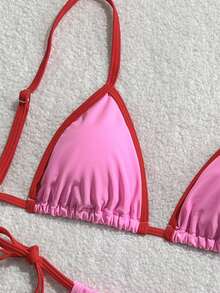 Women's Pink Embellished Trim Two-Tone Fabric Fashion Elegant Adjustable Halter Bikini Top And Adjustable Triangle Bottoms, Cute For Spas, Beach, Vacation Swimming Bikini Set