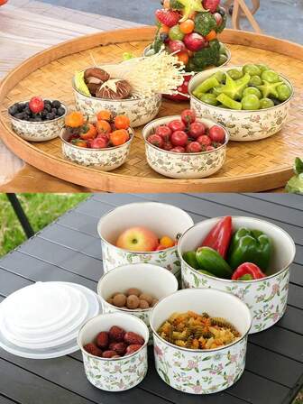 5pcs/Set Vintage Enamel Ice Bowls With Lids, Airtight Dust-Proof, Heat-Resistant For Cooking & Soaking, Suitable For Camping, Serving Soup, Storing Food & Snacks In All Seasons