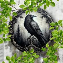 1 pieza Placa metálica 2D, placa decorativa redonda metálica con diseño de corona y cuervo, decoración de pared para hogar/café/apartamento/restaurante/sala de estar, regalo de fiestas, regalo para amantes de las aves, 8" X 8", estilo de perforación aleatorio