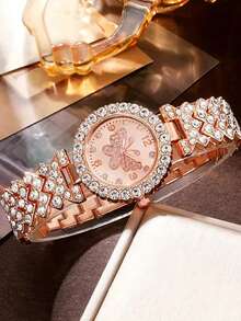 2pcs/Set Rose Gold Alloy Crystal Butterfly & Round Dial Quartz Watch And Crystal Heart Bracelet For Women, Suitable For Daily Wear, Graduation Gift
