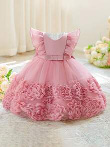 Baby Girls Solid Color Floral Mesh Satin Party Dress, Suitable For Birthday, Flower Girl, Wedding, Without Headband - Dusty Pink - View 4