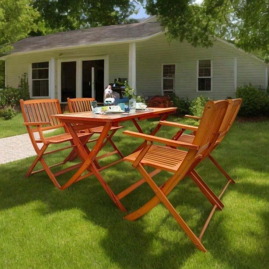 Foldable Patio Dining Set, 4 Folding Chairs & 1 Dining Table, Indoor And Outdoor Universal,Teak - 1 - View 1