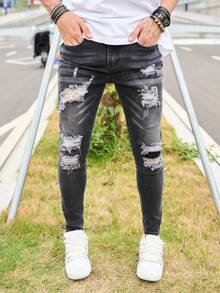 Jeans skinny délavés et déchirés pour hommes, pantalon casual slim ajusté coréen de mode de rue haute gris et noir lavé et élastique - Noir - Voir 1