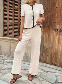 Keke Bloomly Autumn New Color Block Trim Casual Crew Neck Jacquard Knit Short Sleeve Top And Pants Women's 2 Pieces Set, Women's Countryside Outfit, Countryside Music Festival Attire