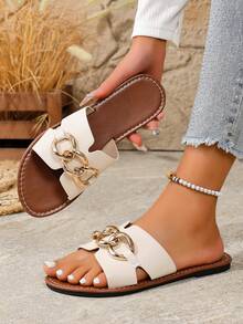 Women's Minimalist Round Toe Open Toe Flat Slip-On Sandals With Metal Ring, Lightweight And Comfortable, Suitable For Holidays, Beach, Casual Outings, Summer - White - View 1