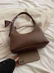 Minimalist Women's Shoulder Bag, Tote Bag, High Quality Underarm Bag, Crescent Bag With Scarf, Suitable For Work, Commuting, Shopping - Coffee Brown - View 3