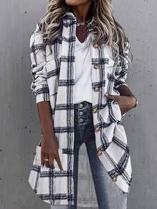 女式加长格子印花翻领长袖口袋宽松长衬衫