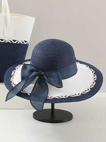 1 套女士拼色编织草帽和大帽檐蝴蝶结手提包，时尚优雅的遮阳帽和包包组合适合夏季外出、购物、海滩、旅行 - A - 查看 16