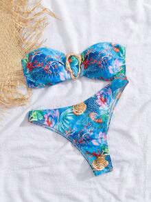 Sexy Random Print Halter Two-Piece Bikini Swimsuit For Summer Beach Vacation - Blue - View 5