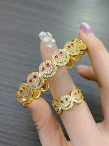 2pcs Set Luxury Elegant Smiling Face Bangle And Ring Set, Fashion Minimalist Copper Alloy Cubic Zirconia Jewelry Set, Valentine's Jewelry Gift