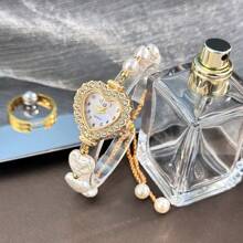 1 pièce Montre à quartz mode mignonne pour femmes avec boîtier en alliage décoré de perles en forme de cœur bicolore et cadran chiffres arabes