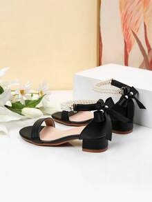 Summer High Heel Pearl Decor Sandals Girls High Heel Dance Shoes Student Performance Daily Activity Sandals - Black - View 7