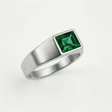 Men's Stainless Steel Gold Silver Small Green Stone Ring - Silver - View 1