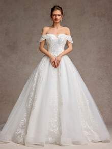 露肩亮片蕾丝薄纱 A 字型婚纱，长款蓬松新娘礼服，适合婚礼、派对、舞会、新娘 - 白色 - 查看 3