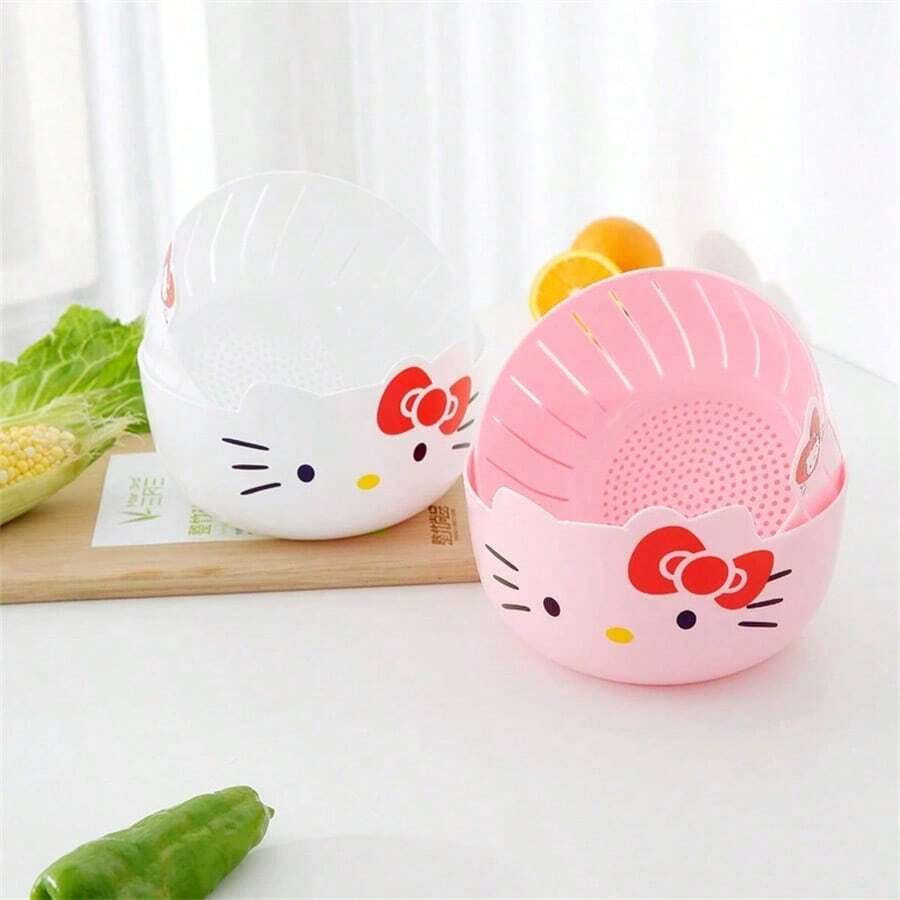 Sanrio (Authorized)2pcs Sanrio Kitchen Basket, Household Fruit Plate, Multi Functional Round Vegetable Washing Basin, Fruit Basket, Plastic Double Layered Vegetable Washing Basket, Drain Basket Suitable For Various Scenarios And Dishes