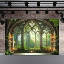 1 Decoración de fondo de fotografía de fibra de poliéster con ventana de catedral gótica en el bosque gótico, gran bandera de decoración de pared para estudio de fotografía, boda, cumpleaños, aniversario, hogar de las cuatro estaciones y decoración de evento del jardín