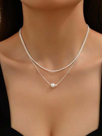 1 件女士双层仿珍珠项链，优雅设计颈链和项圈项链，适合节日礼物