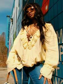 Women Blouse Yellow Ruffled Lace Up Long Sleeve Top For Romantic Casual Styling - Yellow - View 7