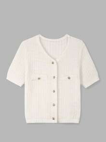 Áo khoác cardigan dệt kim tay ngắn cổ tròn cài kim loại màu trơn mới cho mùa Xuân/Hè của FOR BEAUTY, phong cách tối giản thanh lịch, thường ngày, đường phố, áo len trắng nhẹ, áo cardigan tay ngắn thời trang phù hợp cho đi làm, hẹn hò, kỳ nghỉ và thư giãn. - Màu be - Xem 8