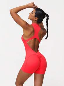 Sodalemon 女士紧身拉链连体裤，露背蜜桃臀设计，适合瑜伽和健身，夏季款 - 紅色 - 查看 7