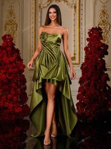 Luxury Green Off Shoulder Satin Strapless Hi-Lo Dress With Rosette Detail, Asymmetrical Prom Gown For Women, Elegant Party Evening Dress, Statement Design, Formal Occasion Wear