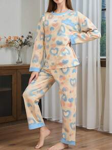 两件套女士渐变爱心印花圆领睡衣套装，长袖上衣带口袋，爱心印花长裤，舒适时尚，适合春秋季休闲穿着 - 彩色 - 查看 5