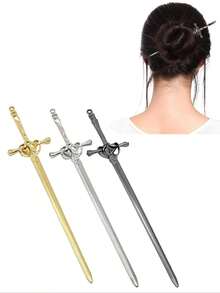 3 件装极简主义金属剑形发夹，优雅高髻发饰，适合日常和派对使用，学校用品，大学