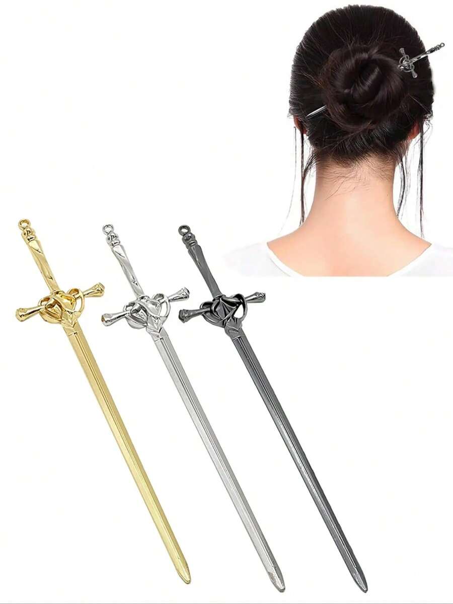 3 件装极简主义金属剑形发夹，优雅高髻发饰，适合日常和派对使用，学校用品，大学