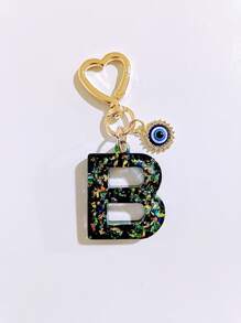 1pc Laser Black Shiny Resin A-Z Initial Keychain, With Devil Eye And Heart Keyring Bag Charm Pendant, Party Favor, Suitable For Holiday Gifts To Friends