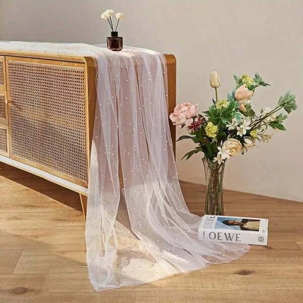 1pc Pearl Tulle Lace Table Runner, DIY Bridal Shower Birthday Party Wedding Arch Veil Decorations, Dining Table Decor