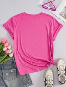 Customized Women's T-Shirt - Can Add Text And Photos (Landscape/Badge/Couple/Family/Selfie/Pet), Customizable Font And Color, Suitable For Summer Travel, Gift For Girlfriend, Women's T-Shirt ,For Family, Gift For Wife - Hot Pink - View 4