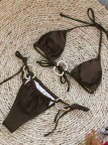 Women's Solid Color Halter Tie Sexy Metal Decor Bikini Swimsuit Set, Summer Beach