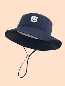 2pcs Kids' Solid Color Embroidered Smiling Face Chin Strap Summer Beach Sun Protection Bucket Hats - 灰色+藏青(笑臉) - 查看 3
