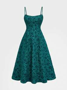 Vestido midi elegante de unicolor de alta gama francés con ajuste en la cintura y tirantes para invitados de boda de verano, vestido de fiesta verde - Verde Oscuro - Ver 2
