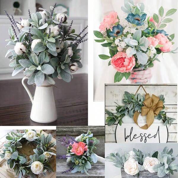 1 pièce/5 pièces/10 pièces Feuilles et tiges d'oreille d'agneau artificielles, branches d'oreille d'agneau factices, tiges vertes d'oreille d'agneau floquées en vrac pour la maison, le mariage, les arrangements floraux de fête, la décoration de Noël, la décoration de jardin quotidienne, convenant pour les vases, les bouquets, les couronnes DIY, les anniversaires, les remises de diplômes, les cadeaux de Noël, les décorations de Noël, les décorations du Nouvel An, la décoration d'intérieur