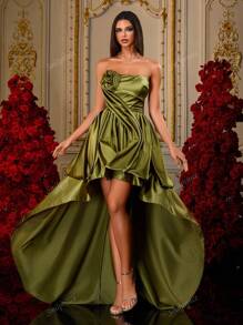 Luxury Green Off Shoulder Satin Strapless Hi-Lo Dress With Rosette Detail, Asymmetrical Prom Gown For Women, Elegant Party Evening Dress, Statement Design, Formal Occasion Wear