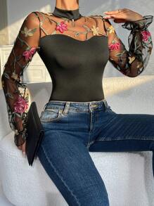 1pc Elegant Vintage Floral Embroidery Mesh Puff Sleeve Bodysuit For Women