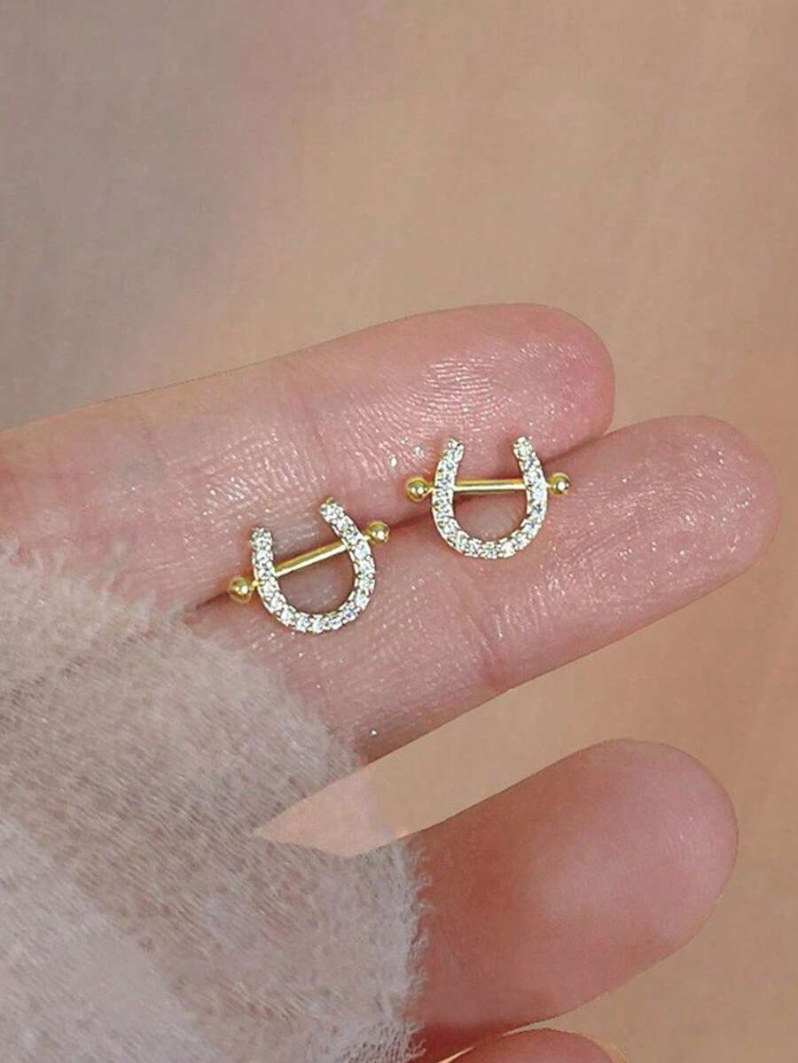 Bông tai trang trí hình móng ngựa bằng đá rhinestone - Vàng - Xem 1