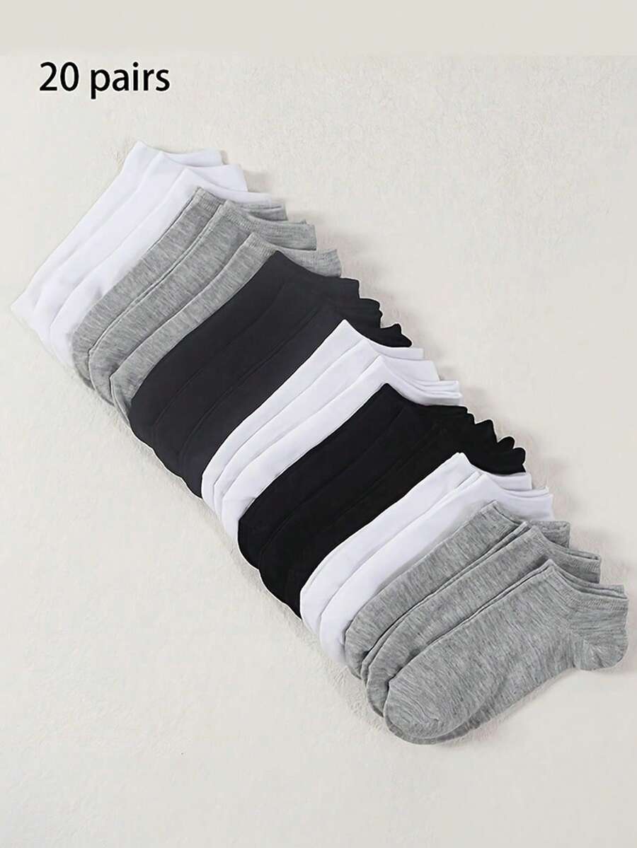 20 Pairs Unisex Solid Color Thin Ankle Socks, Black/White/Gray, Summer, Home/Casual Use - Multicolor - View 1