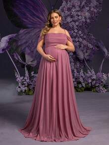 Faeriesty Vestido de maternidad de talla grande Dressalisa con tirantes ultradelgados y lazo en la espalda - Elegantes volantes en el busto y falda dramáticamente amplia para bodas de primavera/verano, fiestas formales, baby shower y eventos glamorosos (Estética floral romántica, silueta favorecedora, diseño de maternidad cómodo) - Rosa vieja - Ver 6
