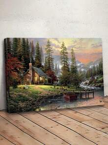 1pc Canvas Wall Arts Poster A Cabin By The Lake In A Lush Forest With A Warm Glow From The Windows, Perfect For Creating A Cozy And Inviting Atmosphere In Any Space, Optional Framed