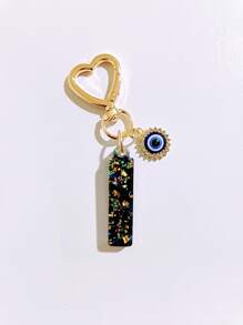 1pc Laser Black Shiny Resin A-Z Initial Keychain, With Devil Eye And Heart Keyring Bag Charm Pendant, Party Favor, Suitable For Holiday Gifts To Friends