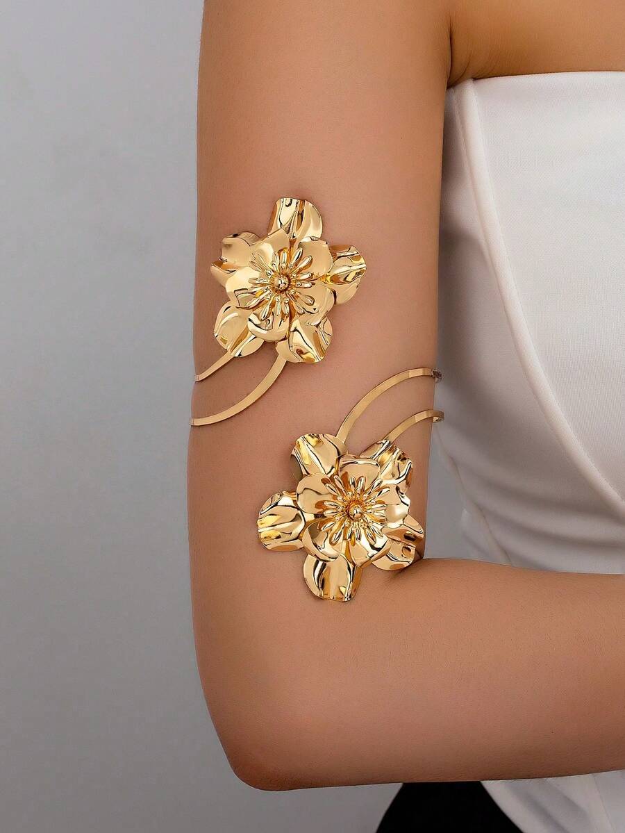 1 Pc Golden Flower Arm Cuff Upper Arm Band Women Arm Bangles - Gold - View 1