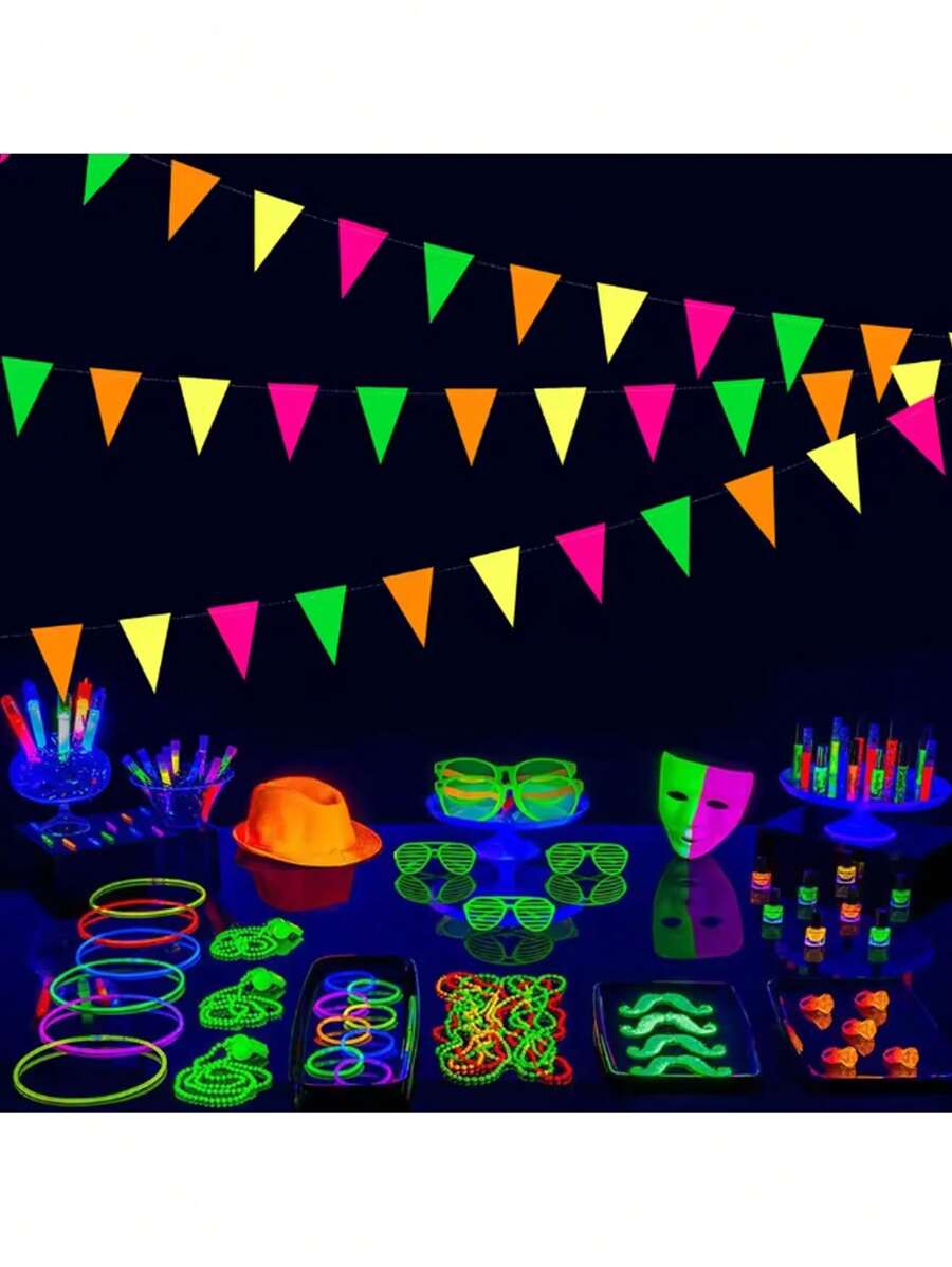 1 件，4 米 5 色霓虹纸发光旗帜横幅悬挂装饰，发光派对，80 年代夜光派对旗帜横幅黑光