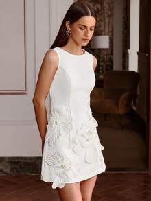 Women's New Sleeveless 3D Floral Decor Mini Dress, Elegant Formal Dress, Graduation Dress, Party Dress, Suitable For Christmas, New Year