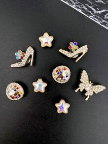 22pcs Gold Chain, Crystal Heart, Letter LOVE, ABS Rhinestone Pearl Butterfly, High Heel, Crystal Pentagram, Flower Shoe Buckle DIY Decorations, Multifunctional Shoe Clips Suitable For Women's Sandals, Slippers, Beach Bags, Great For Holiday & Birthday Party Gifts