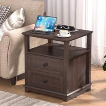 Mesa auxiliar con 2 cajones y estación de carga, con puerto Tipo C, USB y tomas de corriente, gabinete de almacenamiento de madera, mesa lateral grande - 1 - Ver 2